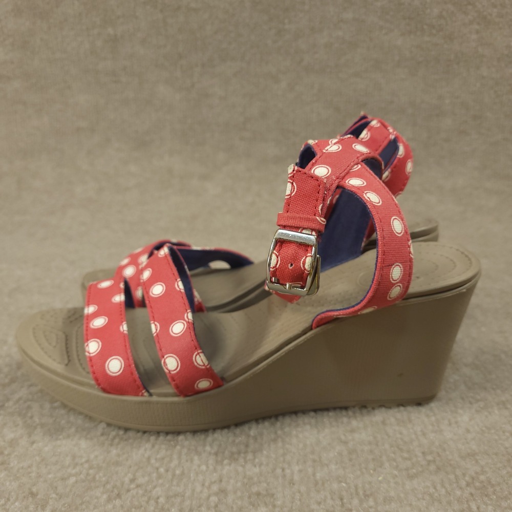 Crocs A-Leigh Wedge Sandals Womens 8 Red White Polka Dot Canvas Strappy 15313